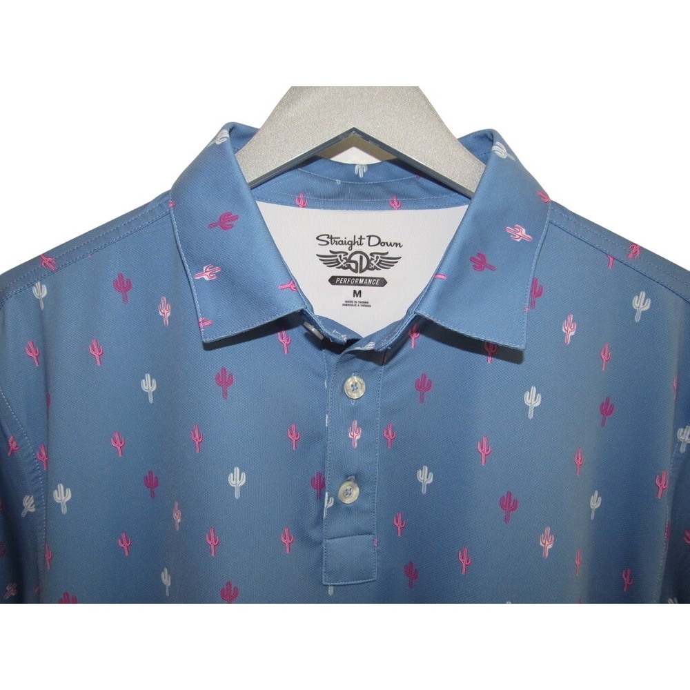 Straight Down Mens Performance Golf Polo Blue Cactus Print True Blue Golf Club M - Picture 2 of 6